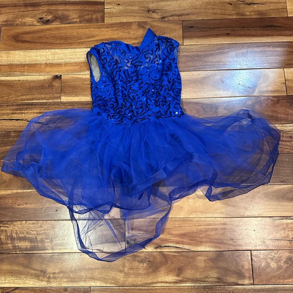 Blue sleeveless unitard with tutu one piece size 9-10 worn once dance